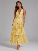 Robe maxi en mousseline à volants fleurie pour femme été