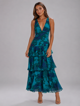 Robe maxi en mousseline à volants fleurie pour femme été