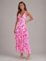 Robe maxi en mousseline à volants fleurie pour femme été