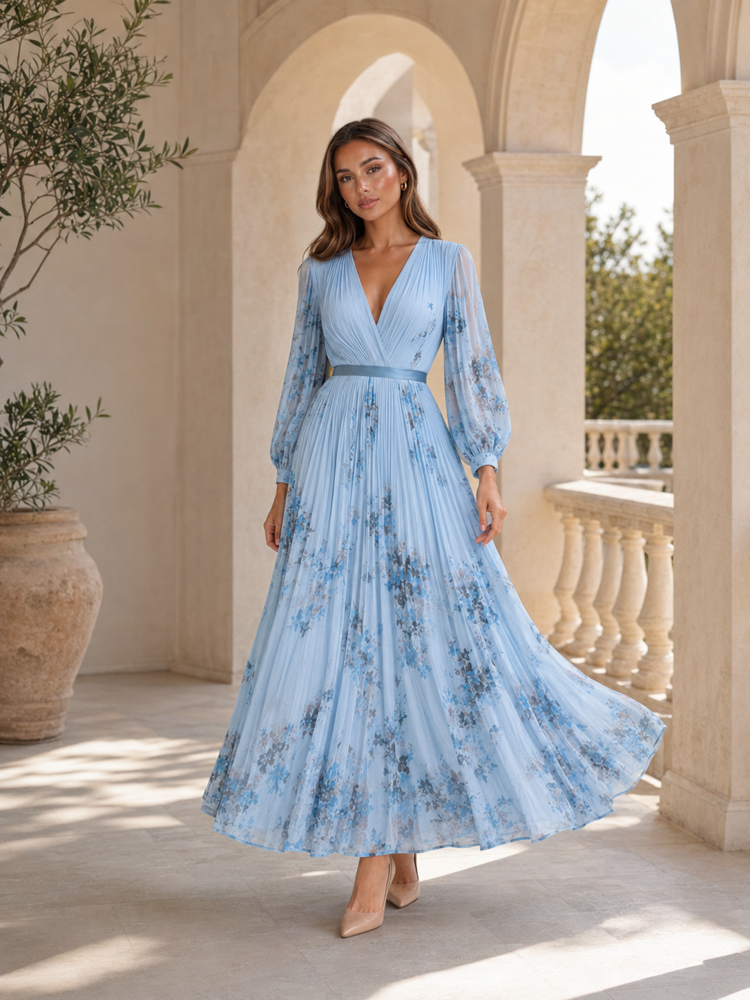 Robe maxi plissée en ligne A fleurie pour invitée de mariage