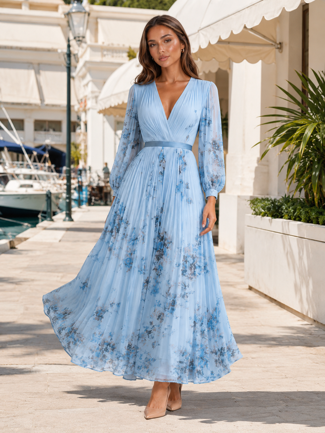 Robe maxi plissée en ligne A fleurie pour invitée de mariage