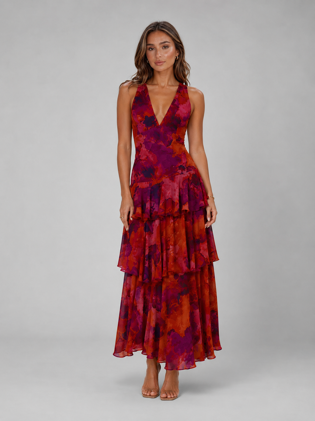 Robe longue à volants superposés col en V été femme