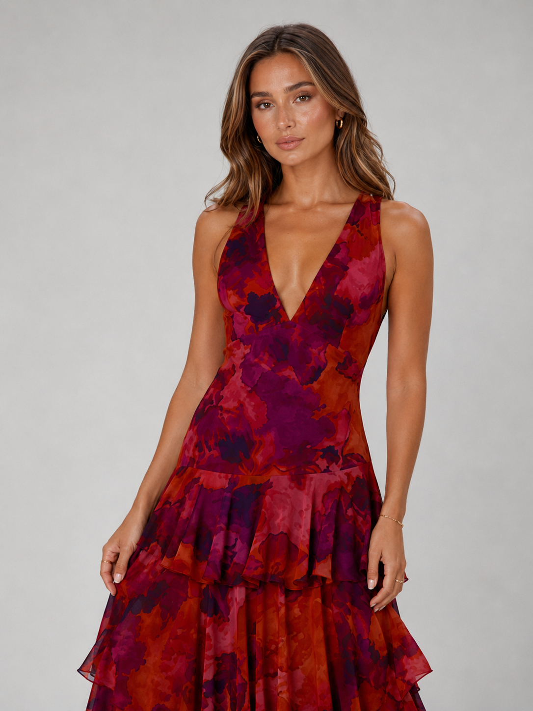 V Neck Tiered Ruffle Maxi Dress Summer Women