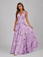 Floral V Neck Cinched Maxi Dress Summer Women