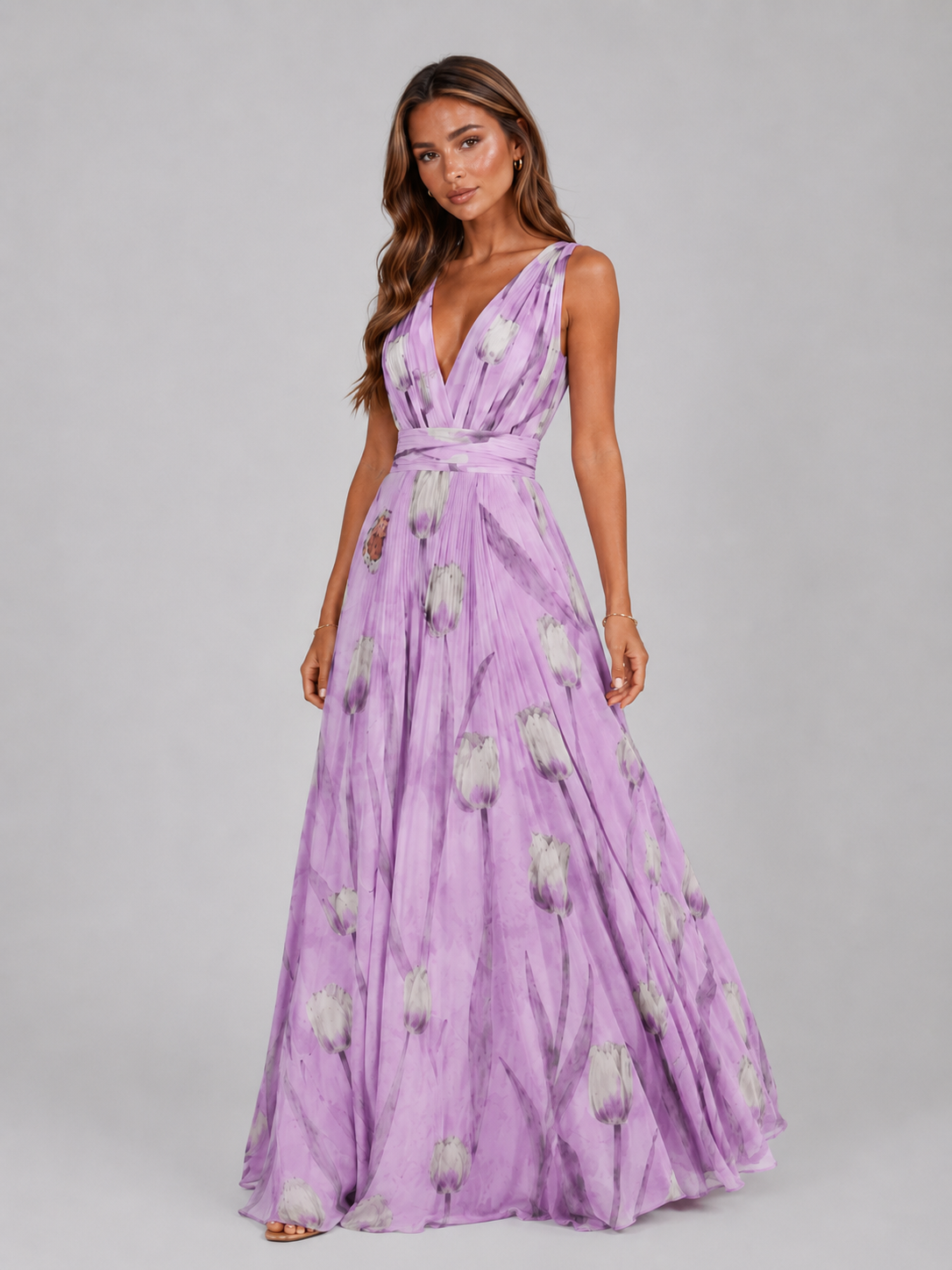 Vestido maxi floral con escote en V y cintura fruncida para mujer verano