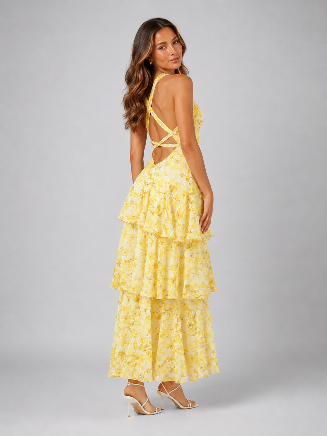 V Neck Tiered Ruffle Maxi Dress Summer Women
