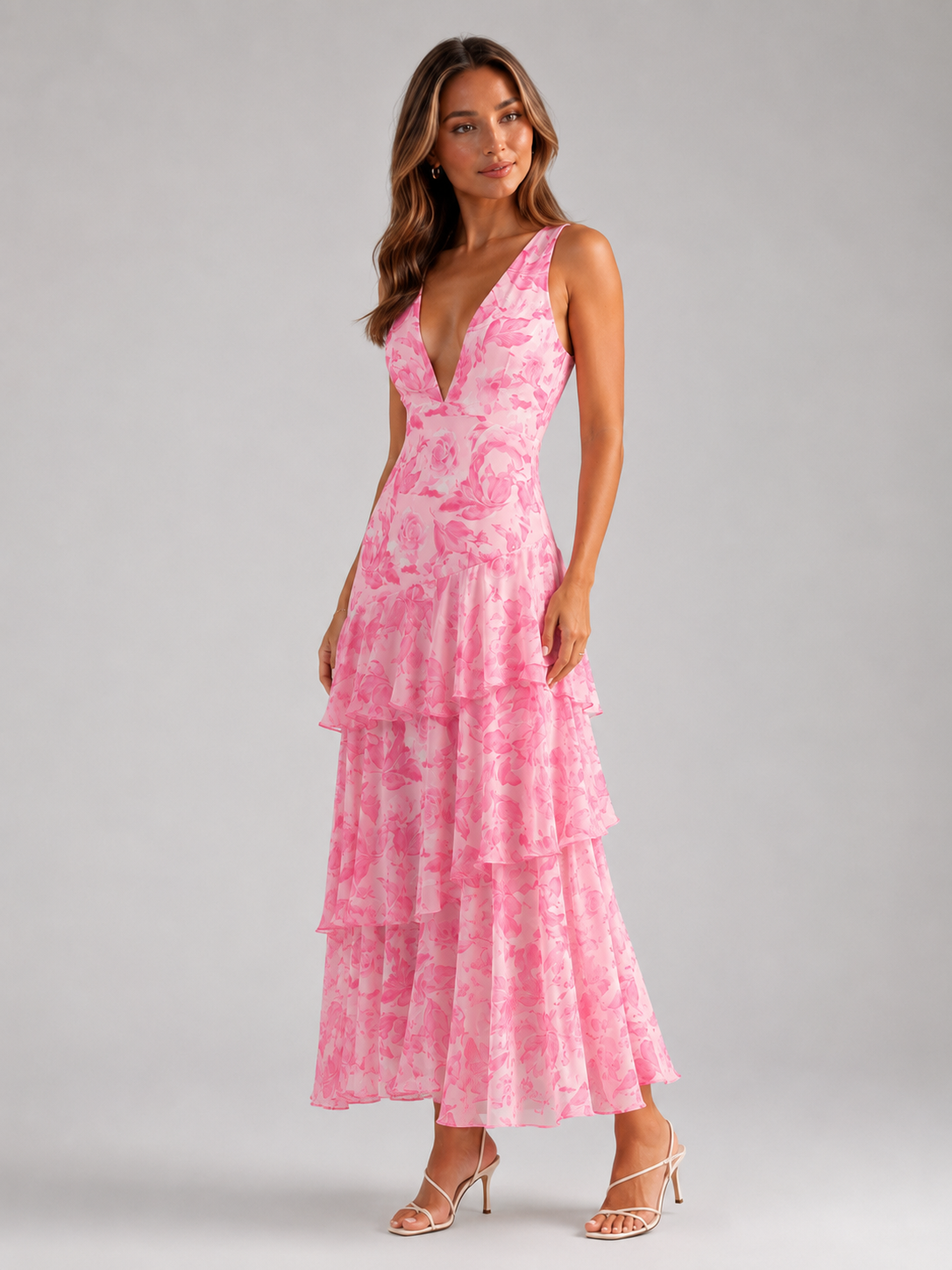 V Neck Tiered Ruffle Maxi Dress Summer Women