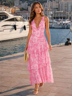 V Neck Tiered Ruffle Maxi Dress Summer Women