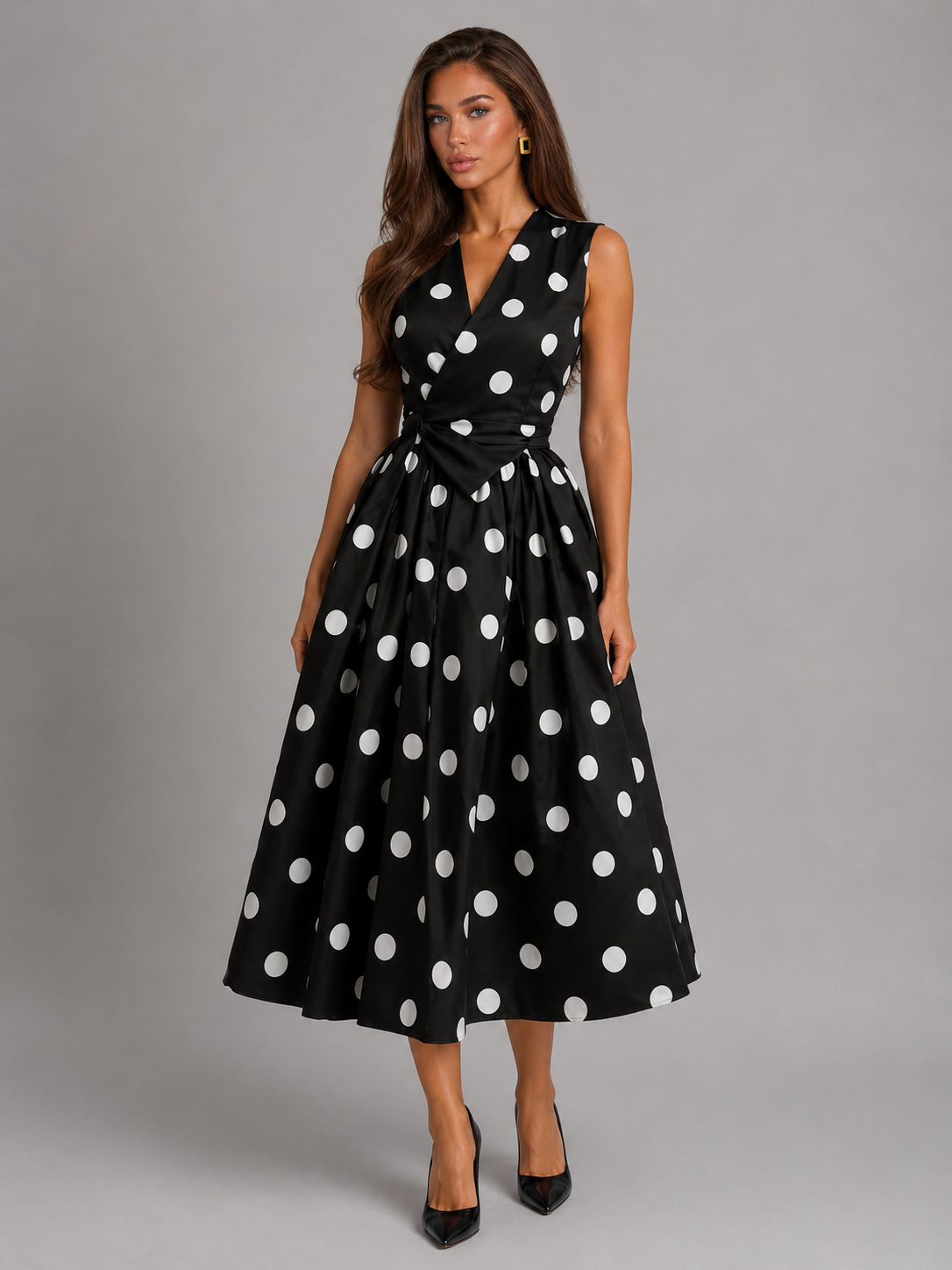 Vestido midi con escote en V y lunares para mujer de verano