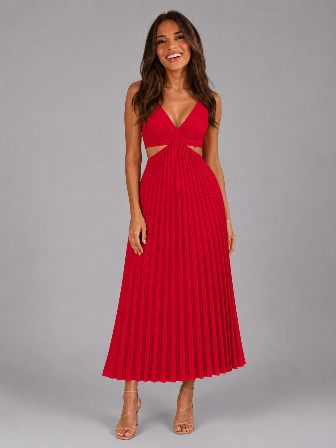 Vestido midi plisado con recortes para cóctel de mujer