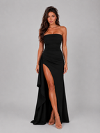 Strapless Ruched Thigh Split Maxi Dress Evening Women