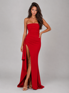 Strapless Ruched Thigh Split Maxi Dress Evening Women