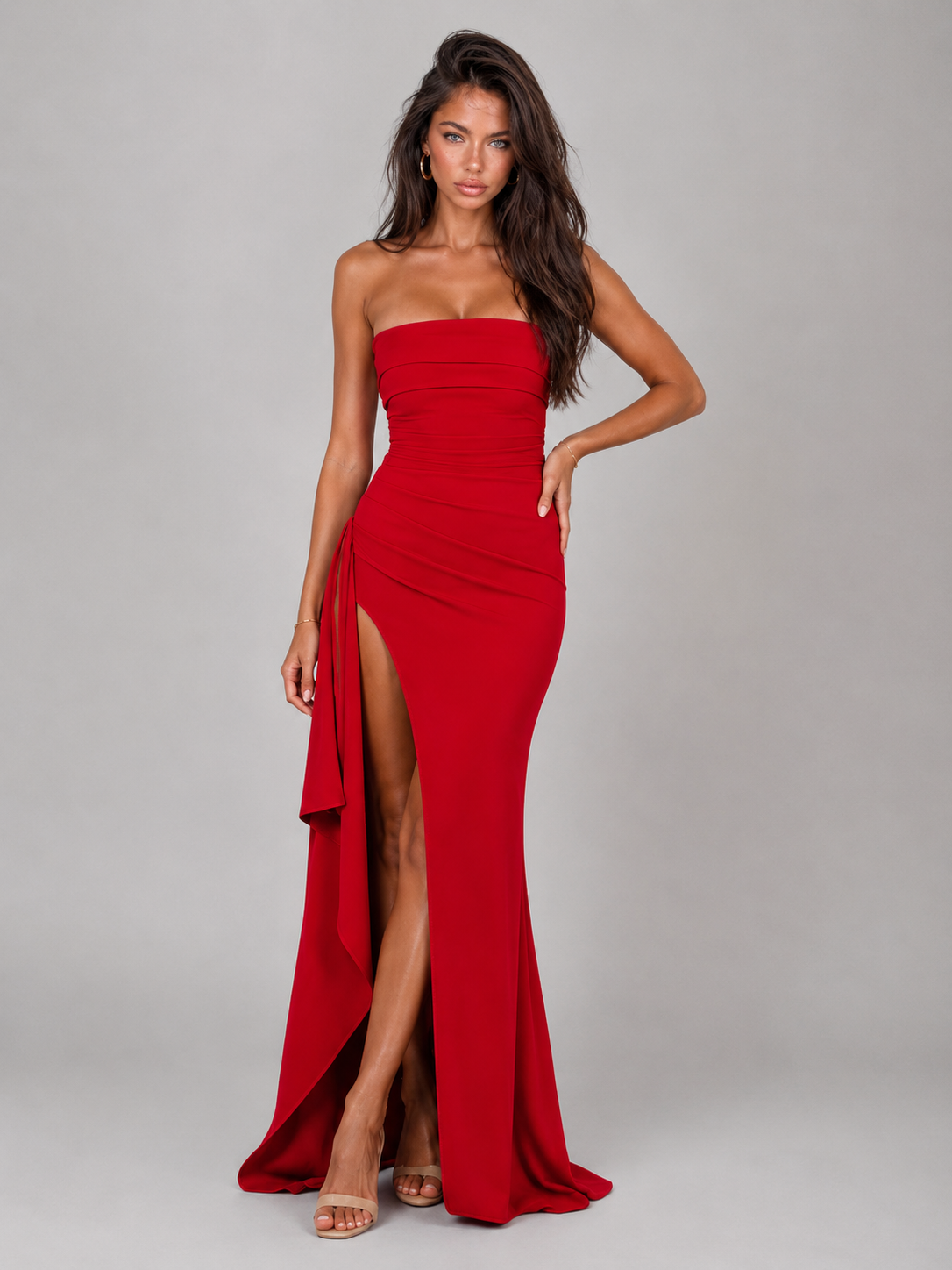 Strapless Ruched Thigh Split Maxi Dress Evening Women