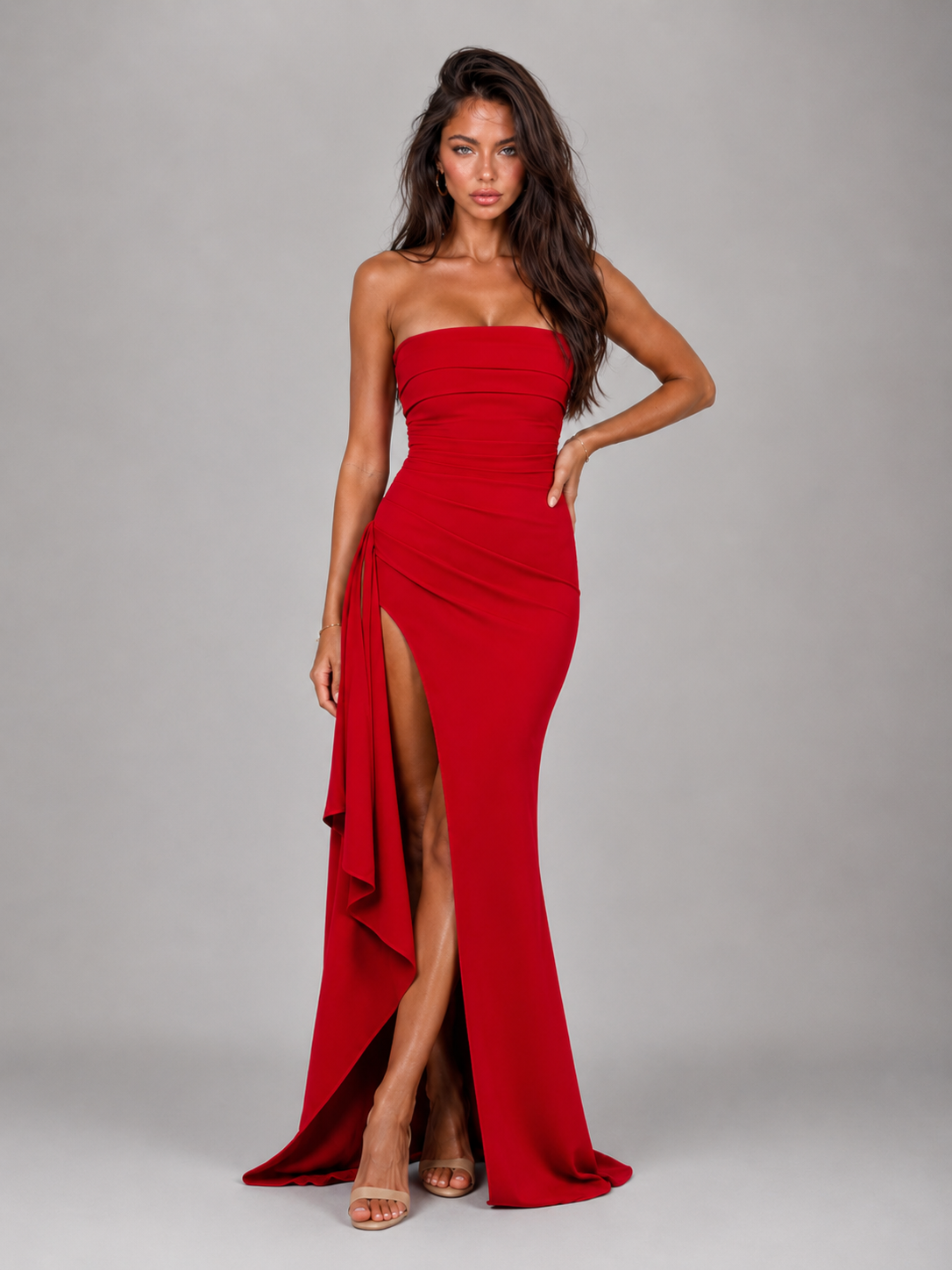 Strapless Ruched Thigh Split Maxi Dress Evening Women