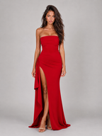 Strapless Ruched Thigh Split Maxi Dress Evening Women
