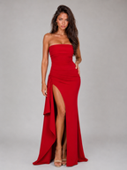 Strapless Ruched Thigh Split Maxi Dress Evening Women