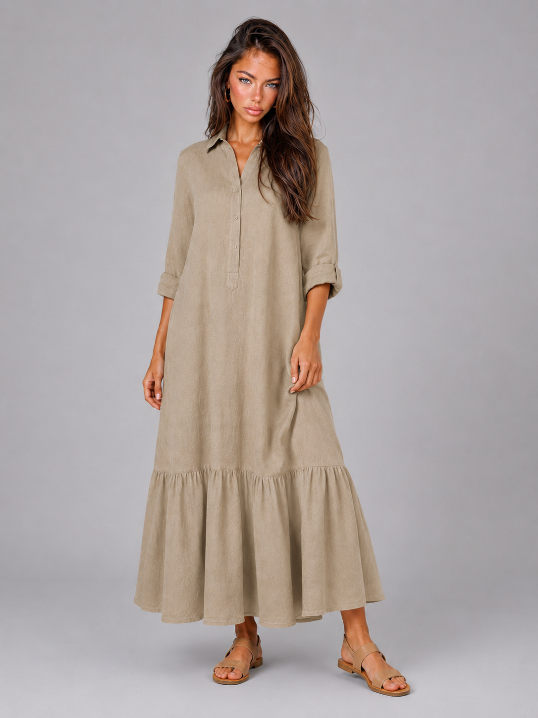 Vestido camisa maxi de capas de mezcla de algodón para mujer de verano