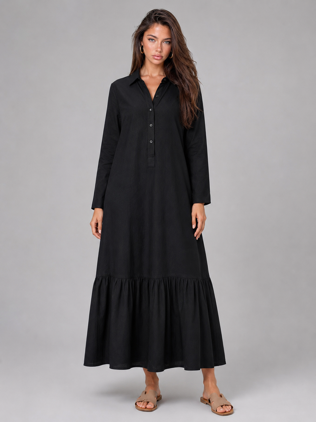 Vestido camisa maxi de capas de mezcla de algodón para mujer de verano