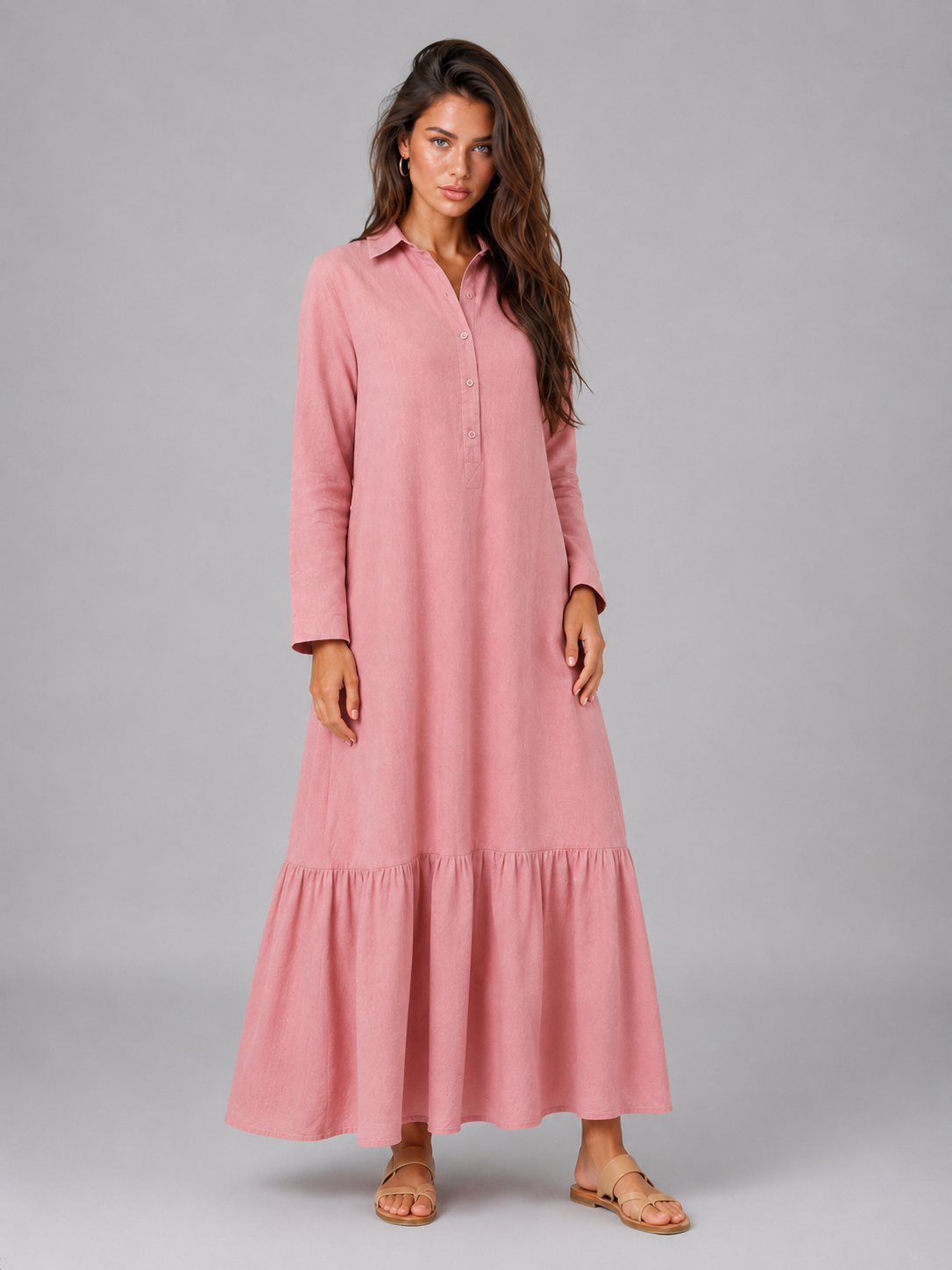 Vestido camisa maxi de capas de mezcla de algodón para mujer de verano