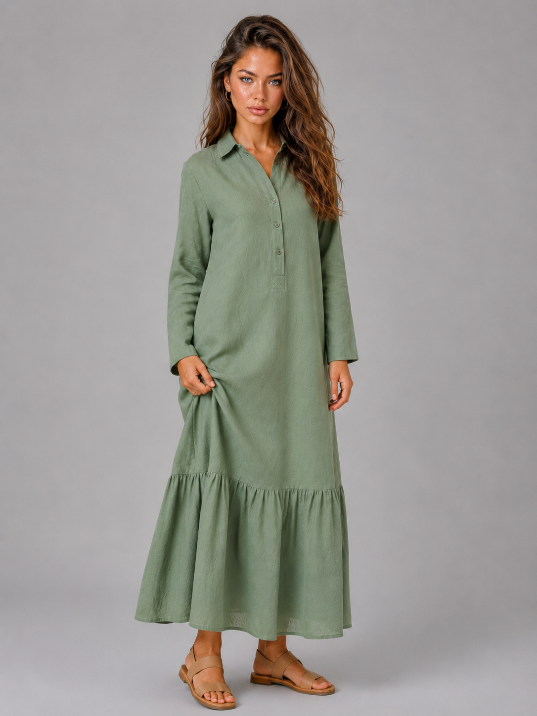 Vestido camisa maxi de capas de mezcla de algodón para mujer de verano