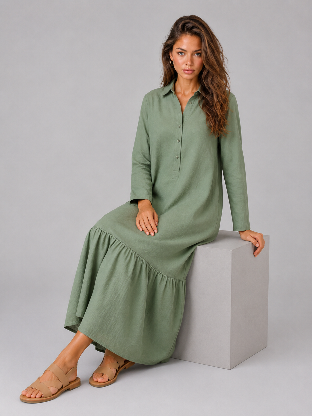 Vestido camisa maxi de capas de mezcla de algodón para mujer de verano