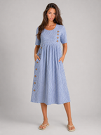 Striped Button Detail Midi Dress Summer Women