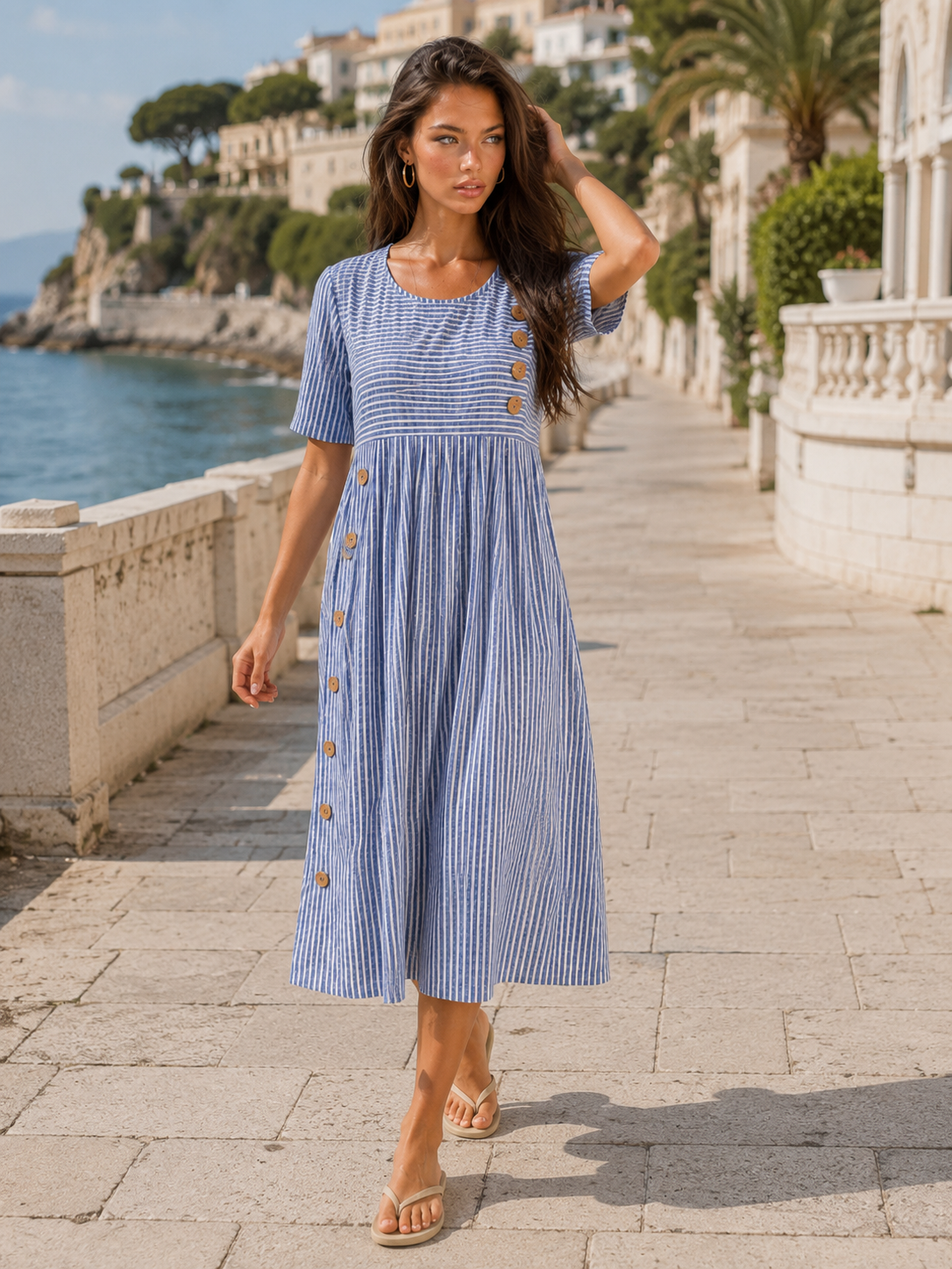 Robe midi rayée avec boutons détail été femme