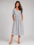 Striped Button Detail Midi Dress Summer Women