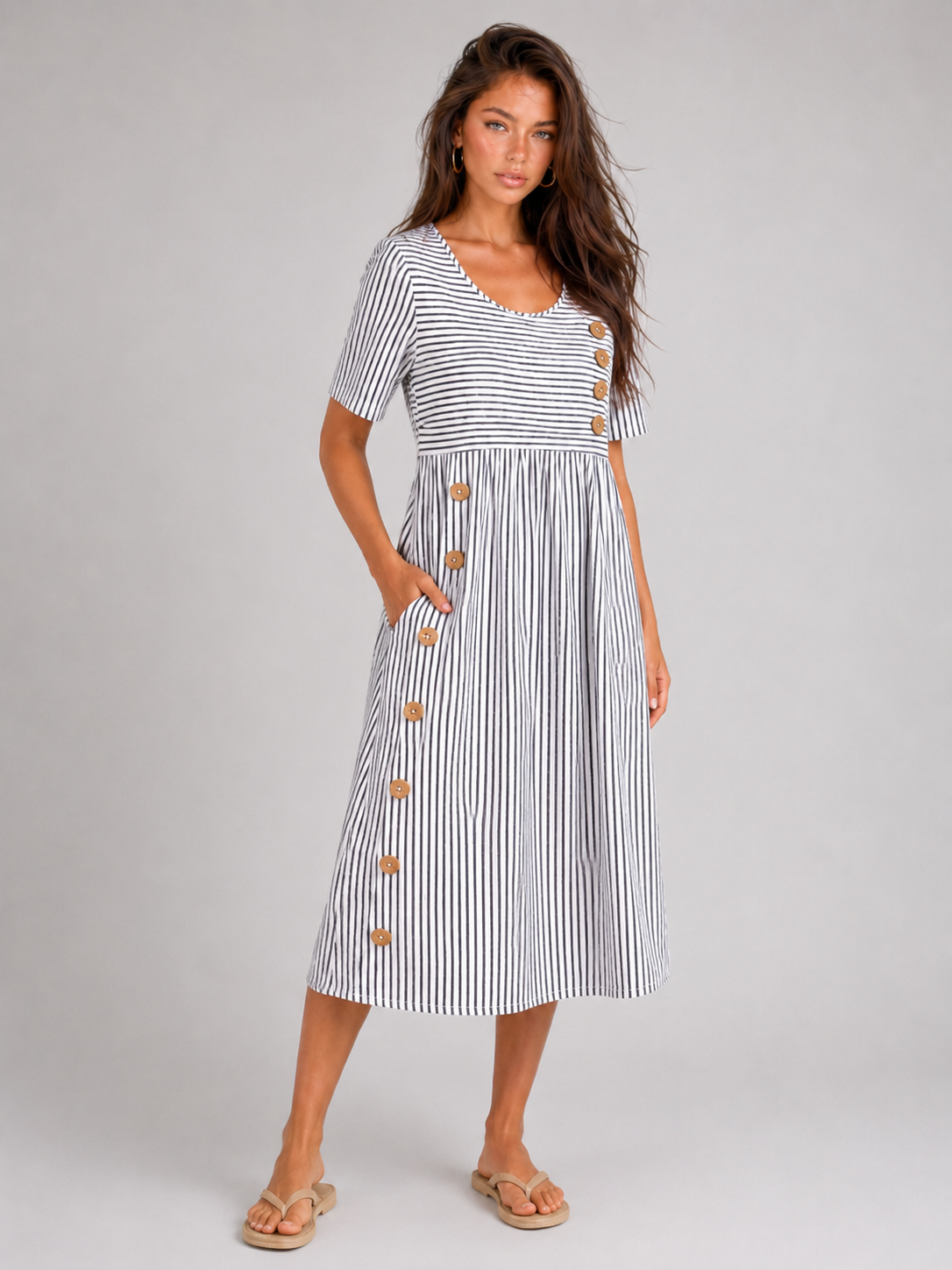 Striped Button Detail Midi Dress Summer Women