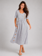 Striped Button Detail Midi Dress Summer Women