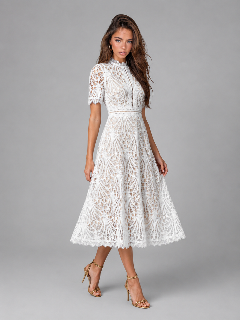 Lace High Neck A Line Midi Dress – Cocktail