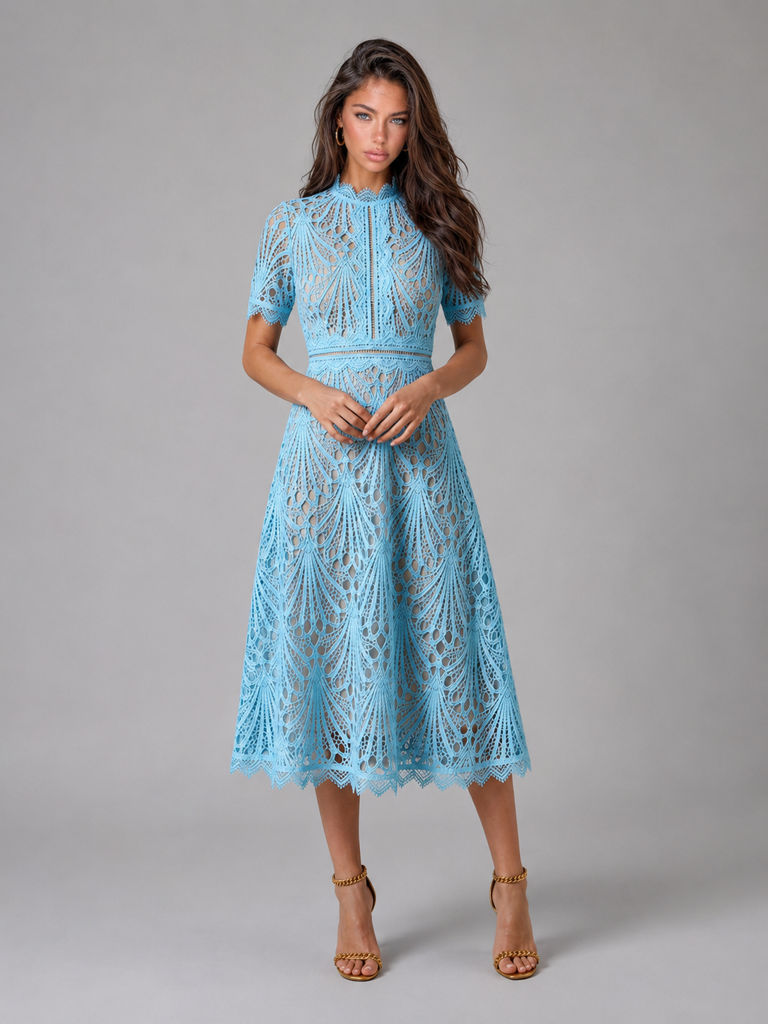 Vestido midi en línea A con cuello alto de encaje para cóctel de mujer