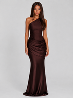 One Shoulder Draped Satin Maxi Dress Evening Women