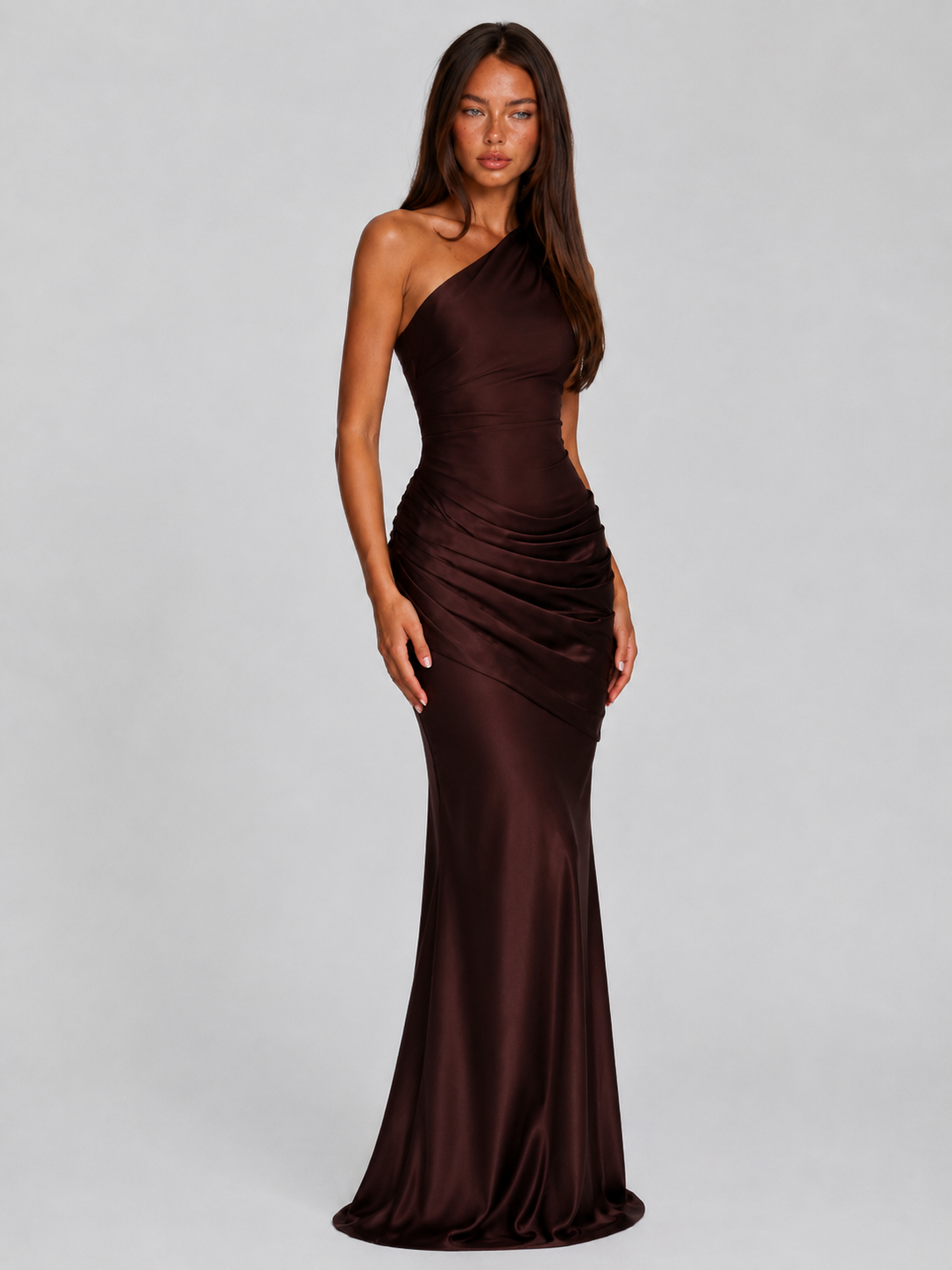 One Shoulder Draped Satin Maxi Dress Evening Women