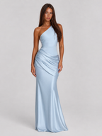 One Shoulder Draped Satin Maxi Dress Evening Women