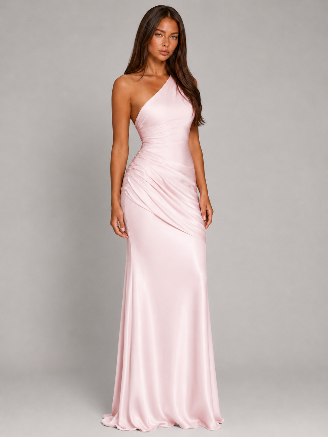 One Shoulder Draped Satin Maxi Dress Evening Women