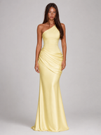 One Shoulder Draped Satin Maxi Dress Evening Women