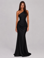 One Shoulder Draped Satin Maxi Dress Evening Women