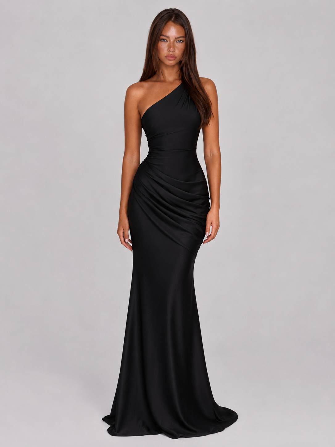 One Shoulder Draped Satin Maxi Dress Evening Women