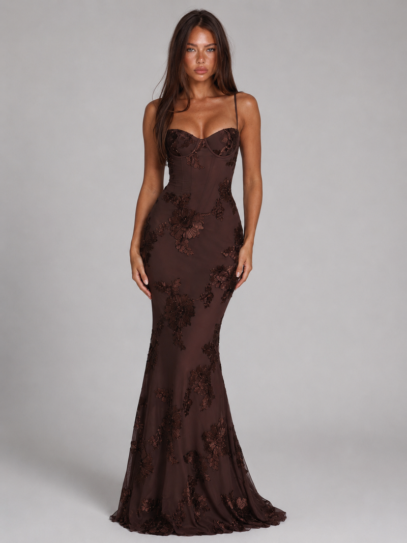 Floral Embroidered Corset Maxi Dress – Wedding Guest