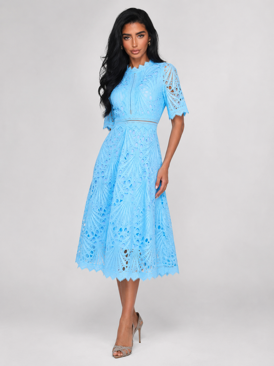 blue nude dress Lace Scoop Neck Midi – Wedding Guest color:Ivory
