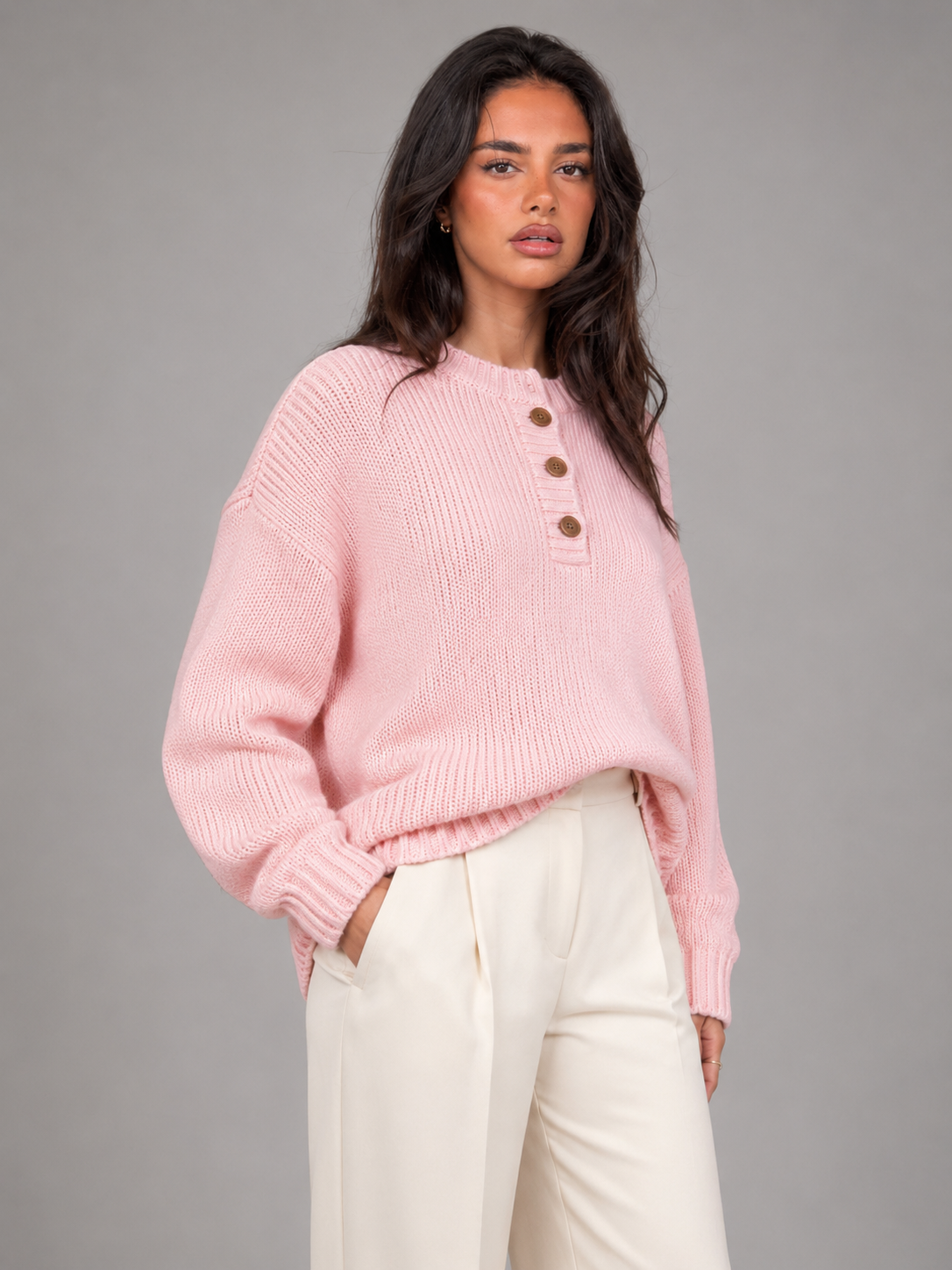 Women's Knit Henley Sweater With Button Placket