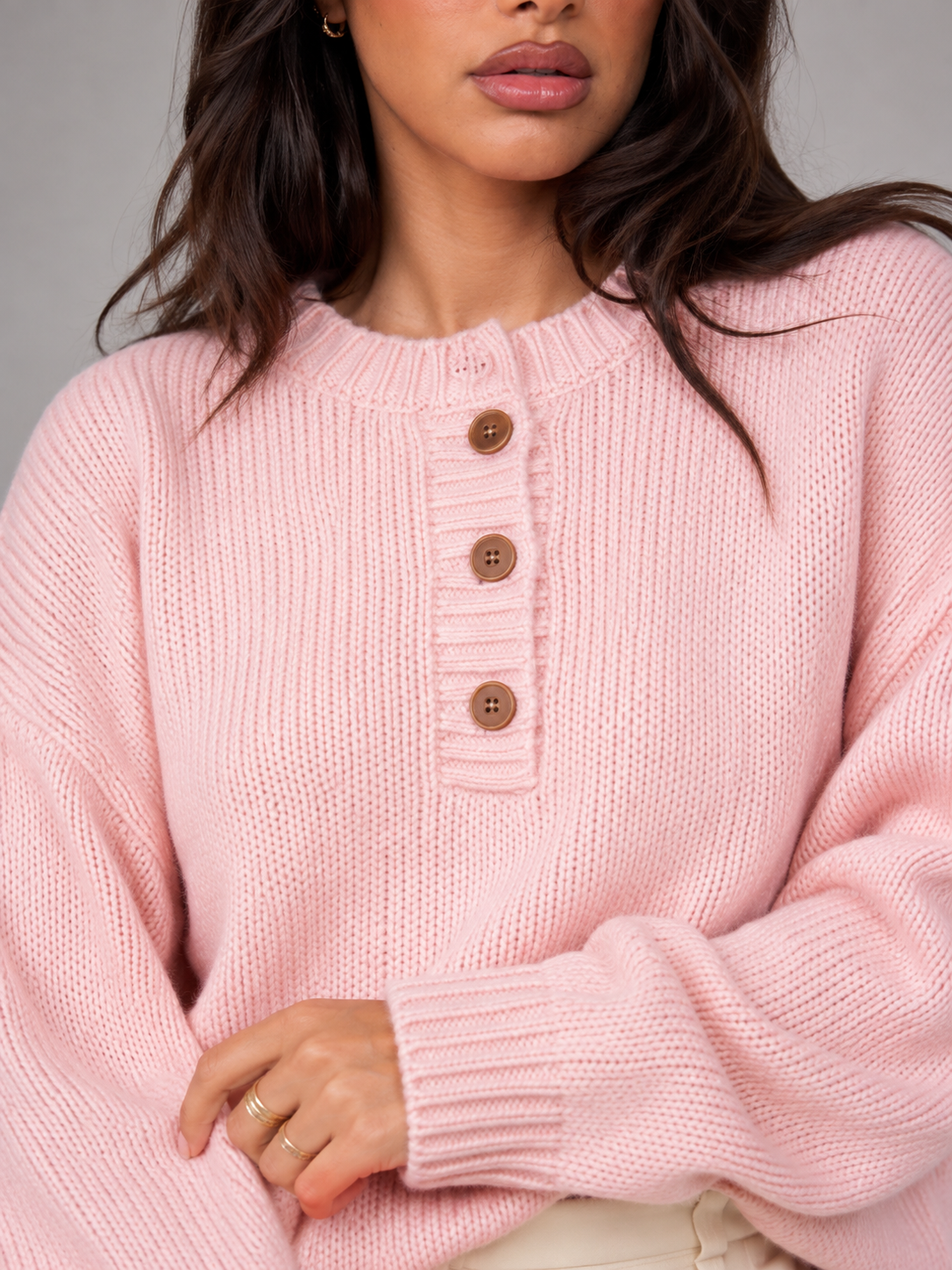 Women's Knit Henley Sweater With Button Placket