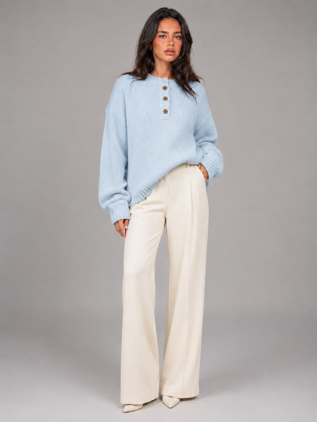 Women's Knit Henley Sweater With Button Placket
