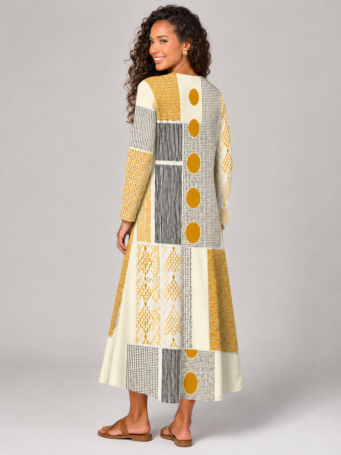 Women's Gold Geometric Cotton Midi Dress
