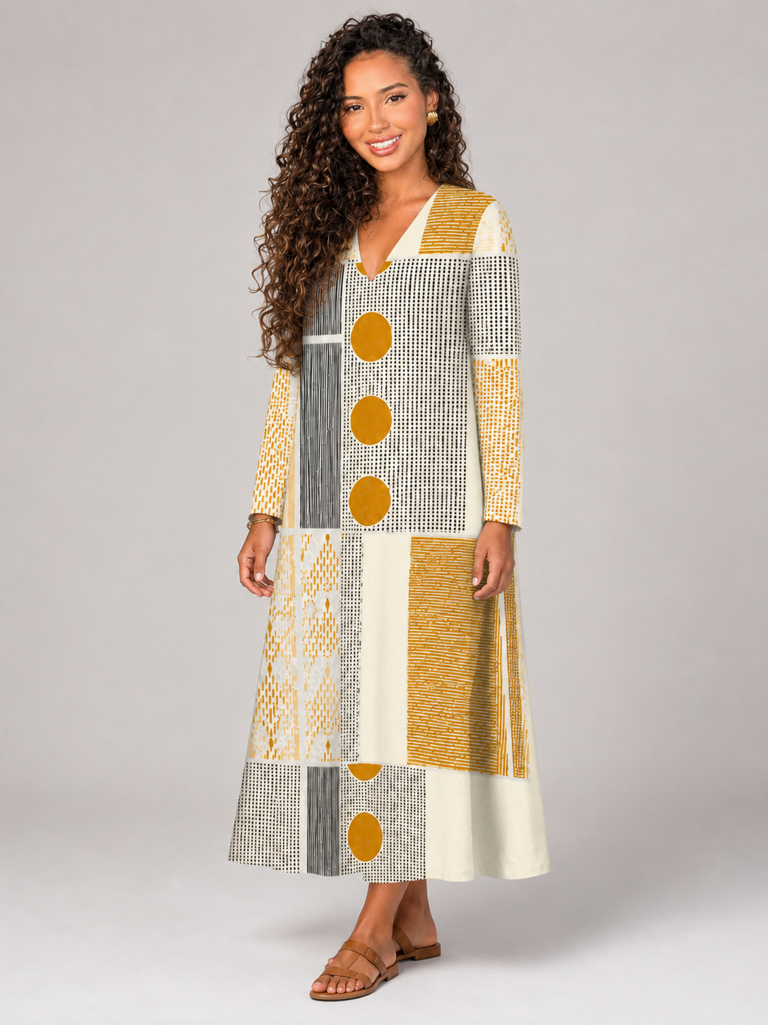Women's Gold Geometric Cotton Midi Dress
