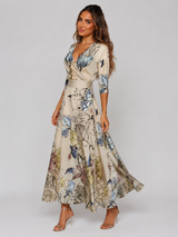 Floral Satin Maxi Dress V Neck Wedding Guest