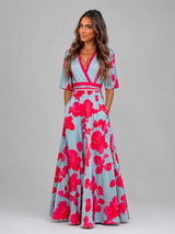 Floral Satin Maxi Dress V Neck Wedding Guest