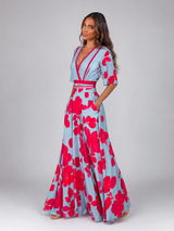 Floral Satin Maxi Dress V Neck Wedding Guest