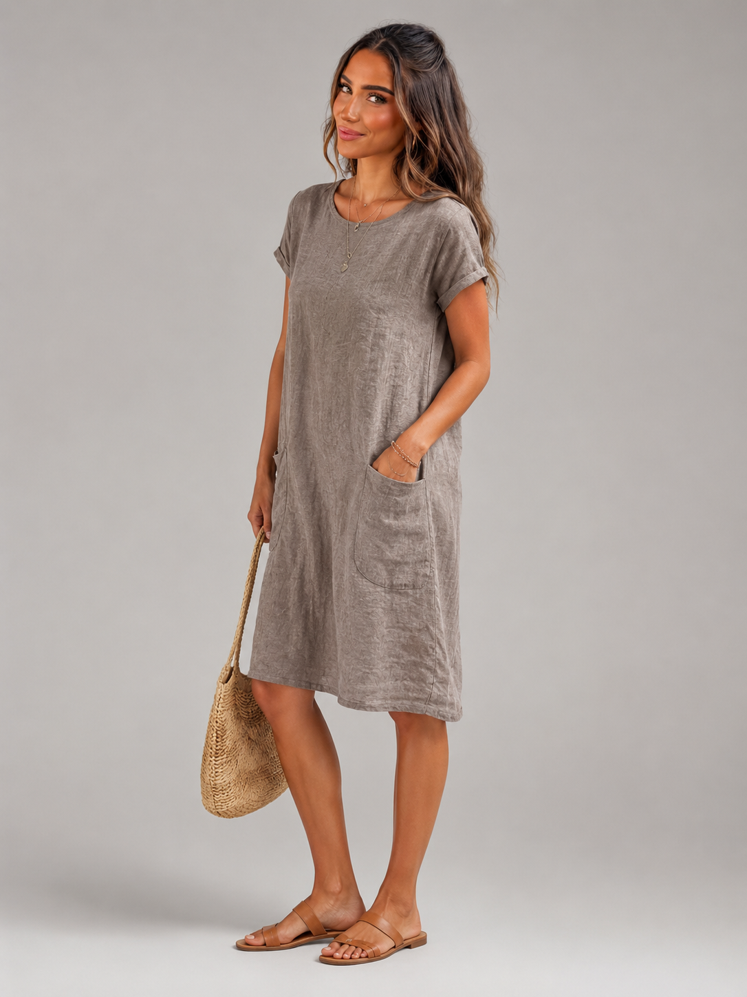 Linen Short Sleeve Pocket Midi Dress Summer Women